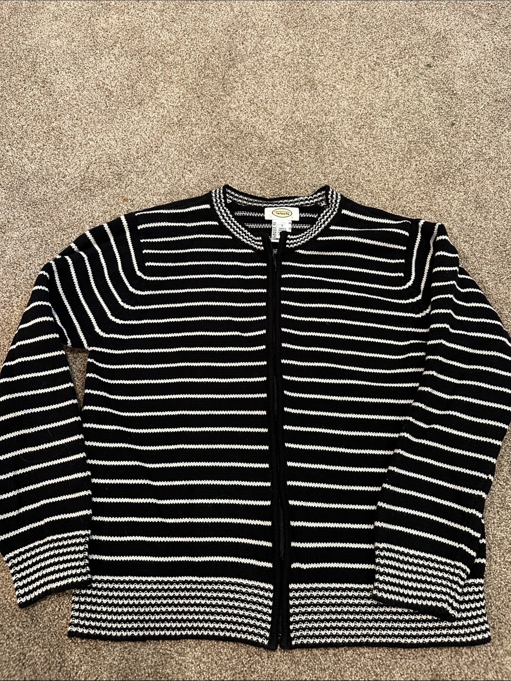 Talbots Black and White Striped Zip-Up Sweater